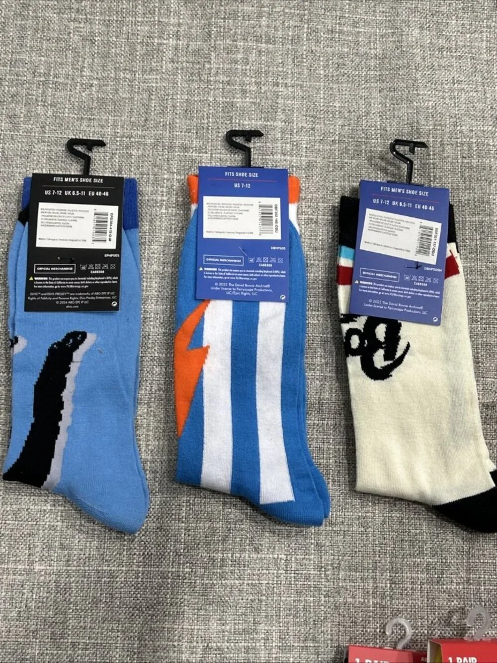 Lot of 3 Novelty Crew Socks Pop Culture Elvis Presley, Rock N Roll, David Bowie